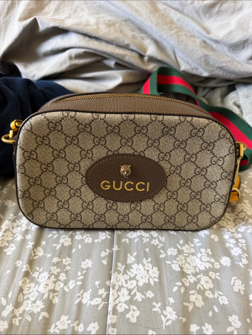 Gucci Beige GG Supreme Canvas Crossbody with Brown Trim and Green-Red Web Strap